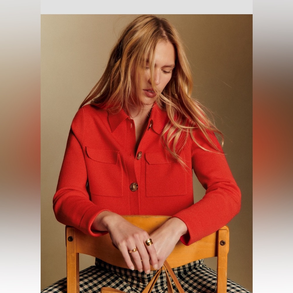 Sezane Betty Cardigan in Coral Red Button-Front Knit Jacket